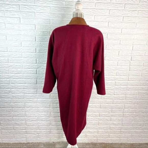 Vintage Jofeld Long Wool Coat Overcoat Burgundy Tan Suede Collar Size Large - Picture 8 of 8